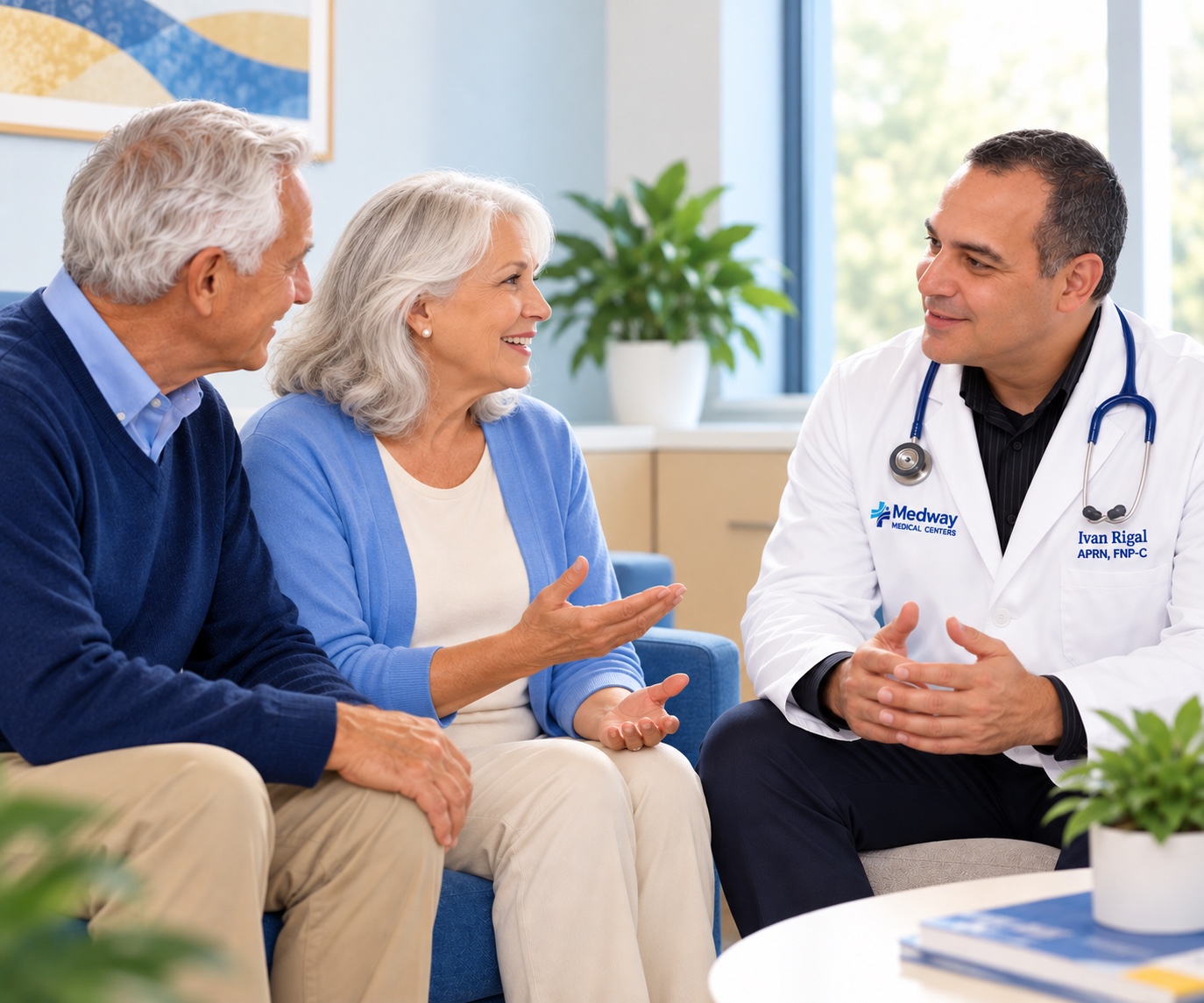 Ivan Rigal with a senior couple in a welcoming consultation scene