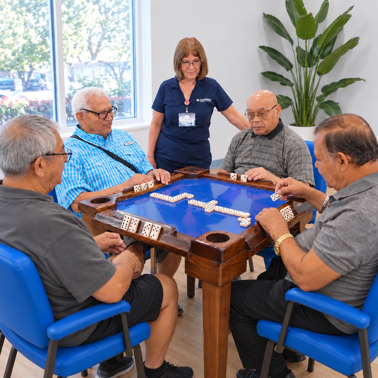 Seniors playing dominoes together at Medway