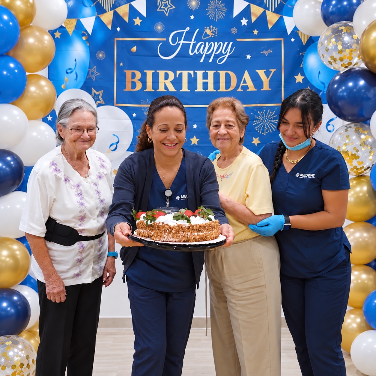 Seniors and Medway staff celebrating a birthday together
