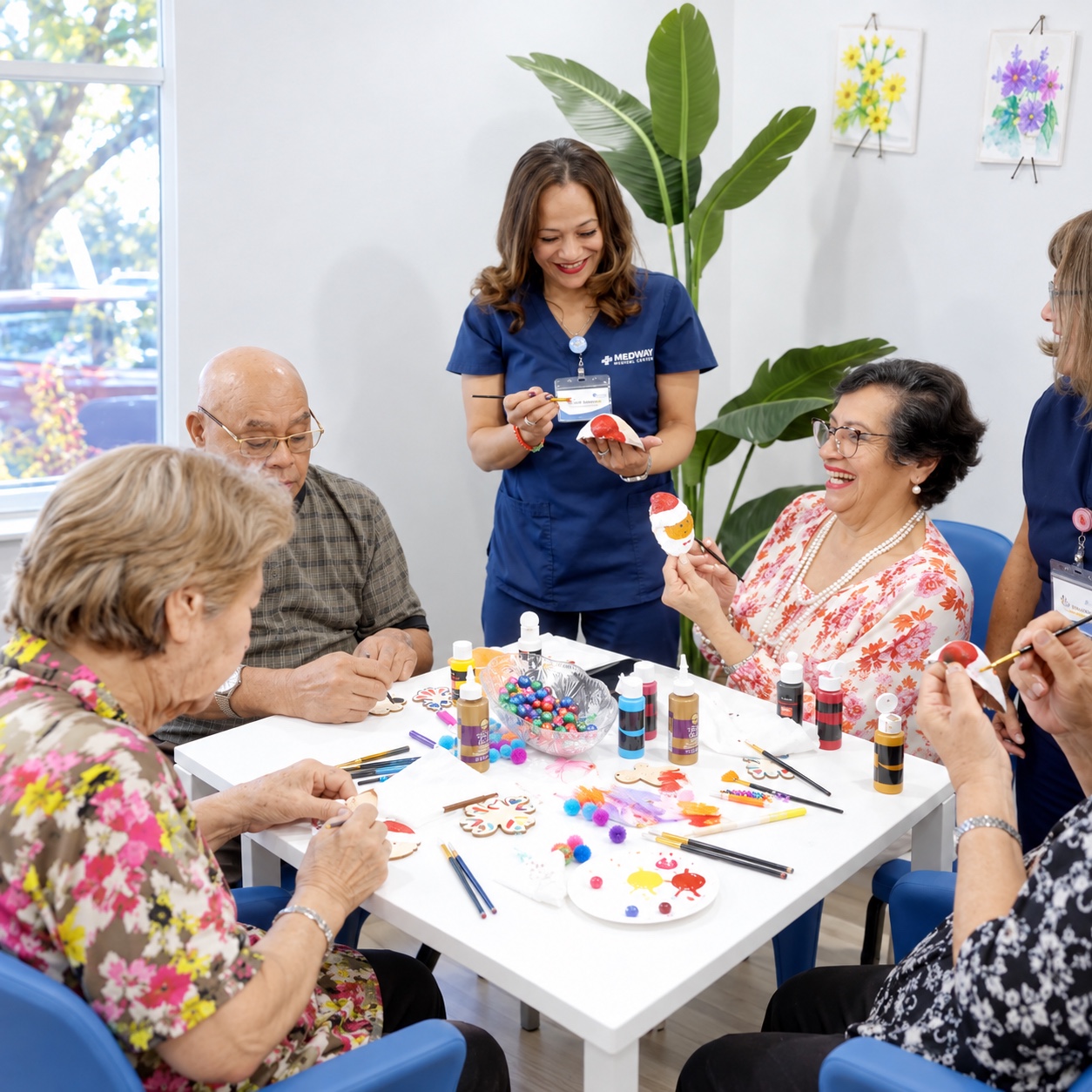 Seniors painting crafts together with Medway staff